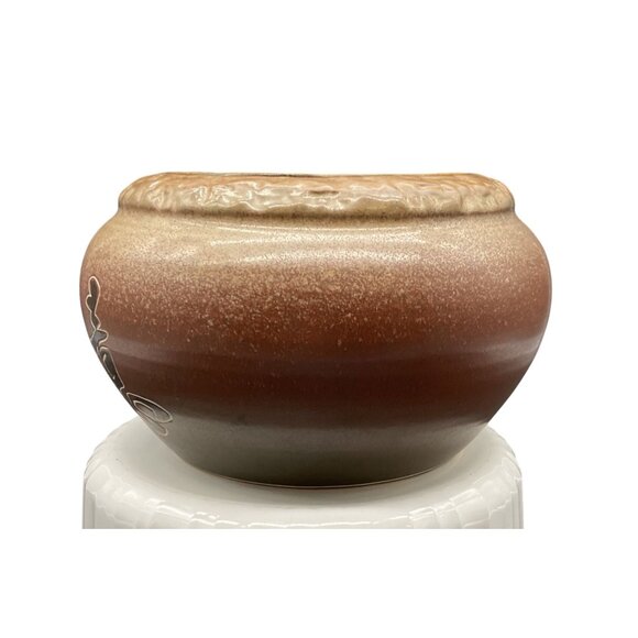 Vintage Brown Ceramic Pot Planter Asian Script "As One Wishes" 4"H x 6.5"W - Picture 5 of 7